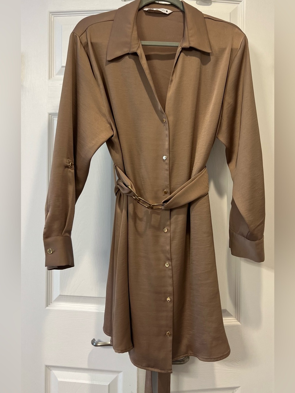 Zara Brown Satin-Effect Long Sleeve Shirt Dress with Chain Belt